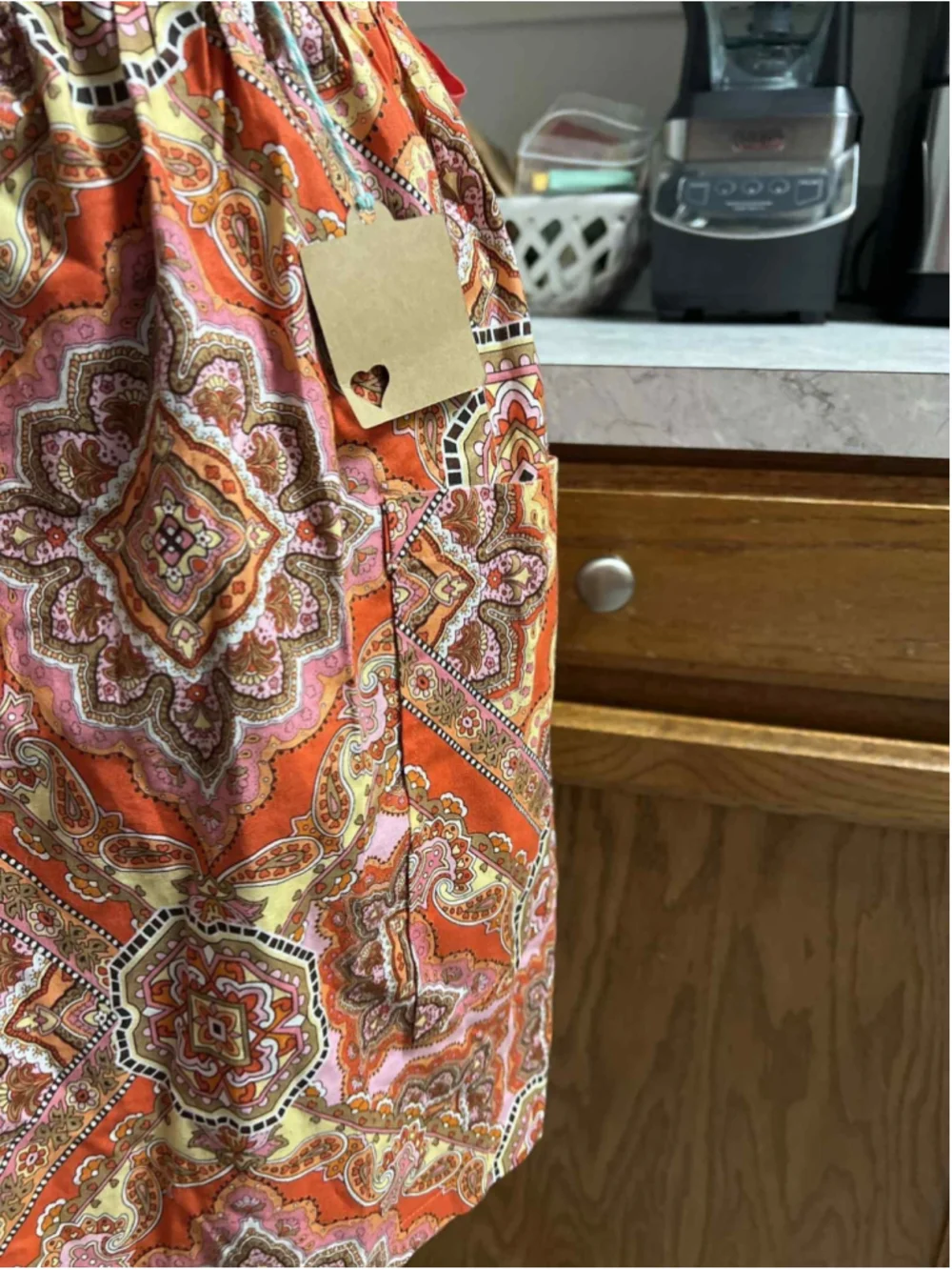 Handmade Kitchen Waist Apron with Pockets Retro Boho Orange Red Pink Pattern NEW